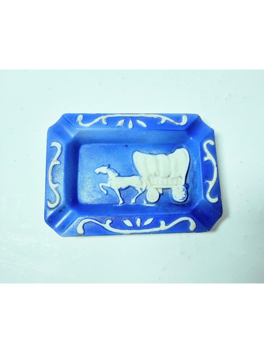 Vintage Pioneer Wagon Jasperware Ashtray Japan Blue Raised Relief Prairie